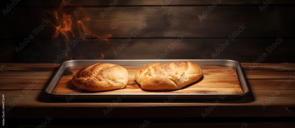 Aufkleber Wooden tray holding two bread loaves with flames in the background, preparing to bake on a rubber wood board in the oven. with copy space image. Place for adding text or design