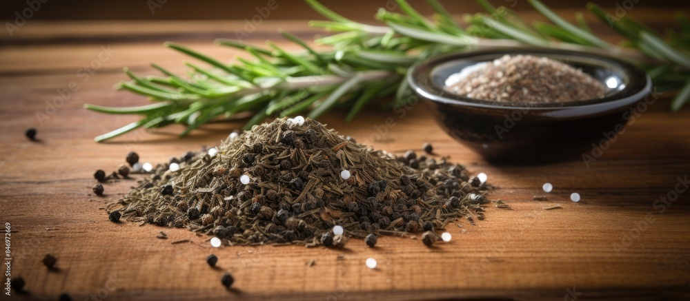 Fototapete fresh herbs stacked close to a dish of pepper on a kitchen counter. with copy space image. place for