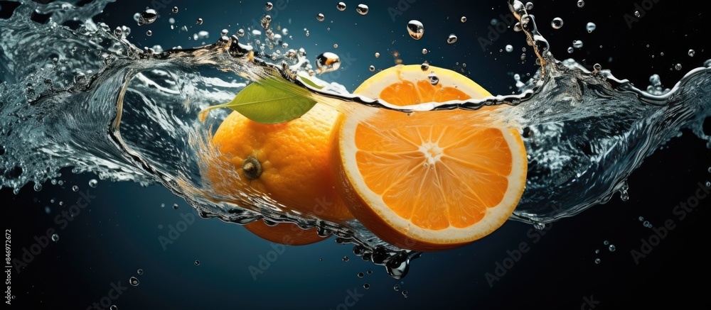 Poster An orange fruit is dropping into the water alongside a green leaf. with copy space image. Place for adding text or design