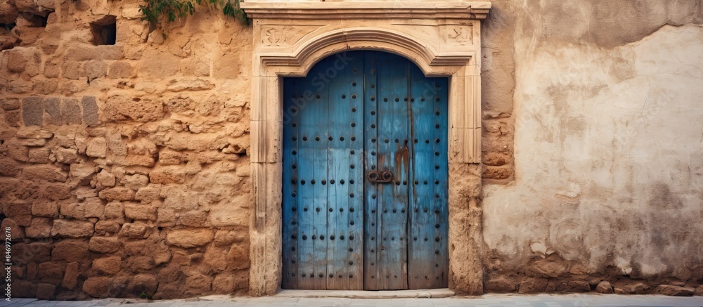 Poster antique door from moroccan old city, emphasizing traditional craftsmanship in a weathered stone buil