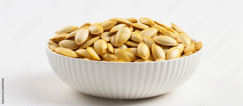 Leinwandbilder Close-up view of a white bowl filled with pumpkin seeds against a plain white backdrop. with copy space image. Place for adding text or design