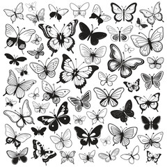 Set of 55 Decorative Vector Butterfly Designs in Black and White; Transparent Background