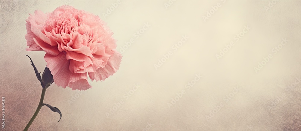 Fototapete pink carnation flower placed in a vase on a wooden table with a textured old paper background. with 