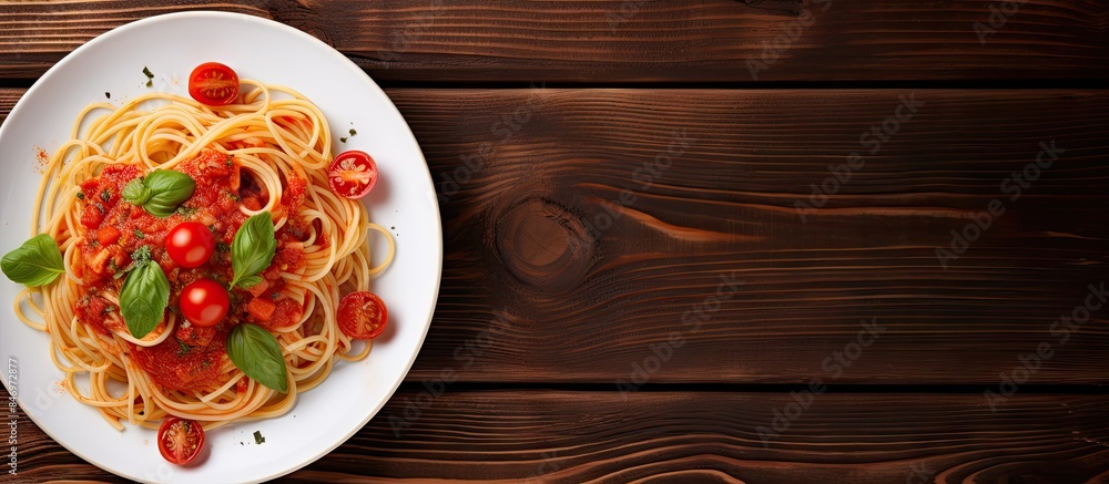 Aufkleber spaghetti with fresh basil and juicy tomatoes served on a rustic wooden table. with copy space image