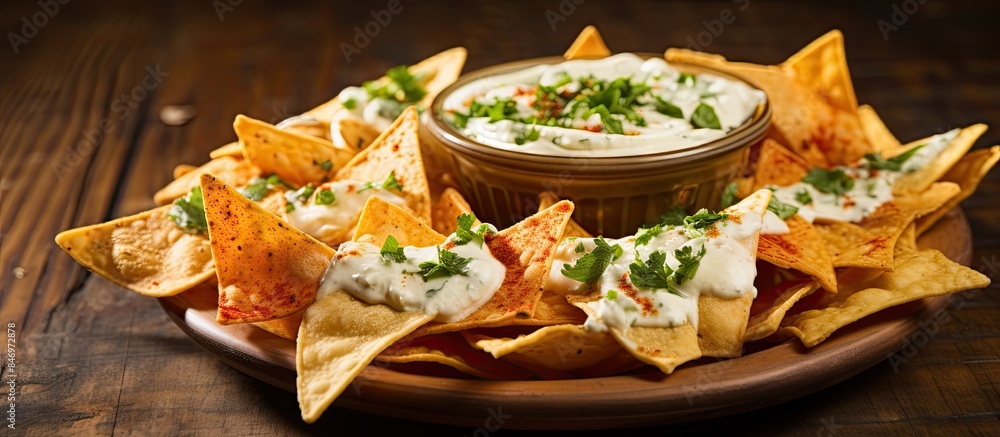 Aufkleber a plate of crunchy tortilla chips served with a bowl of dip, perfect for snacking. with copy space i