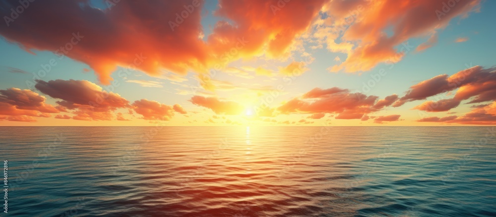 Poster Dramatic gold sunset sky with evening clouds reflecting on the sea, creating a stunning sky atmosphere. with copy space image. Place for adding text or design