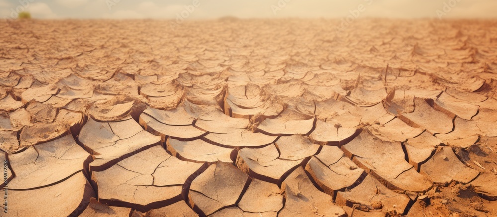 Poster dry and cracked soil surface under a clear sky, showcasing the barren wasteland with deep focus. wit