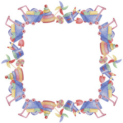 Toys square frame blank template, Pinwheel, stacking rings, wheelbarrow cart, blocks. Watercolor play objects for birthday, gender reveal, baptism, birth announcement card, playdate invitation