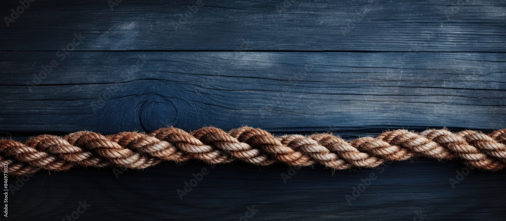Aufkleber Close-up view of a rope lying on a textured wooden surface, emphasizing natural elements and craftsmanship. with copy space image. Place for adding text or design