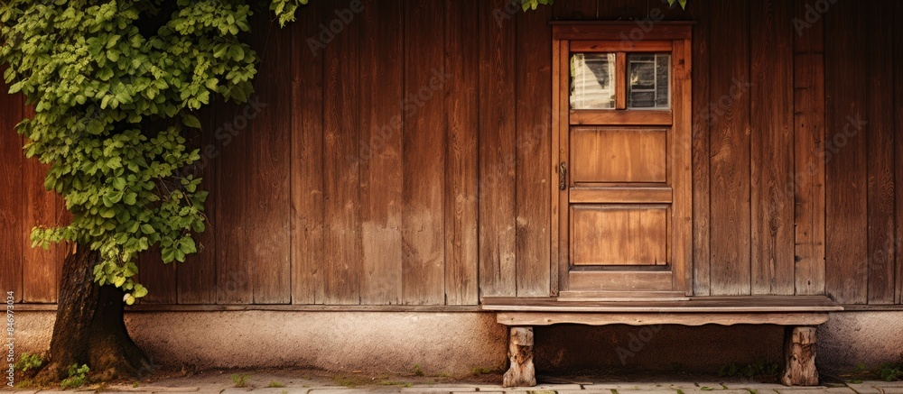Poster Wooden bench placed in front of an aged wood door featuring a small window and porch. with copy space image. Place for adding text or design