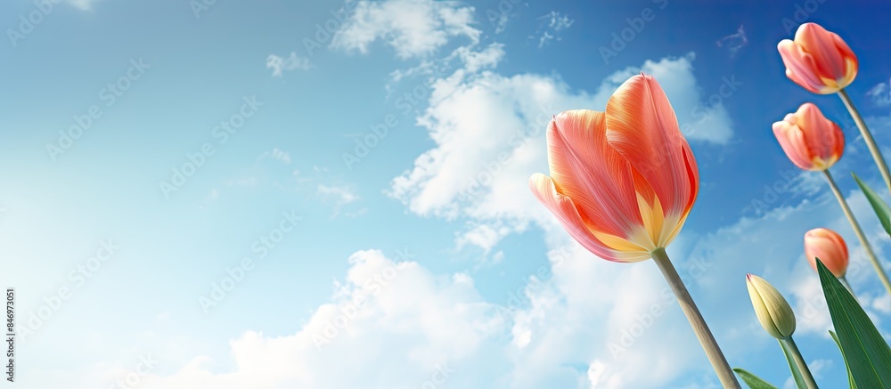Leinwandbilder vivid tulip flower in full bloom reaching towards the bright spring sky. with copy space image. plac
