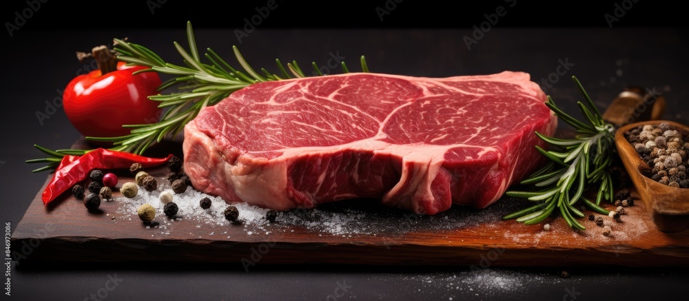 Poster slice of prime rib eye beef steak from black angus cattle, displayed raw on a cutting board with spi