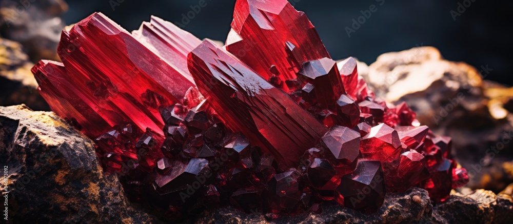 Poster Cluster of natural red crystals on a stone used in industry and jewelry. with copy space image. Place for adding text or design