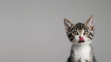 studio portrait of gray and white tabby kitten looking forward sticking tongue out against a light gray background : Generative AI
