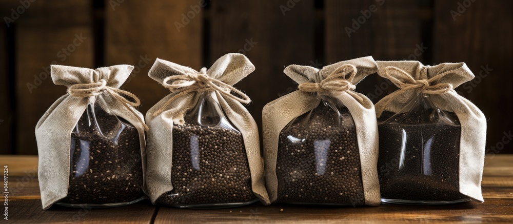 Poster three bags of coffee beans are placed on top of a wooden table. packaging of organic chia seeds with