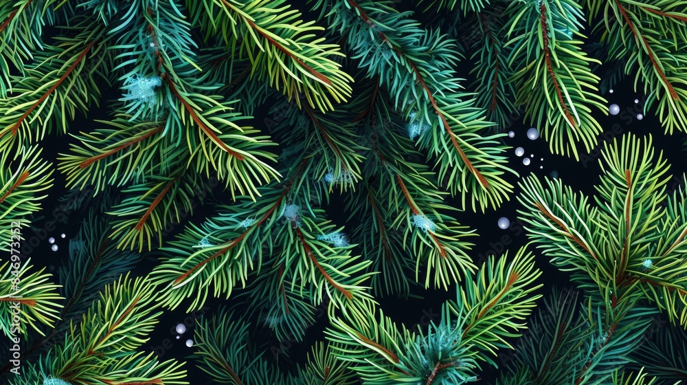 Poster a close-up shot of a pine tree with red berries, suitable for use in nature or winter-themed context