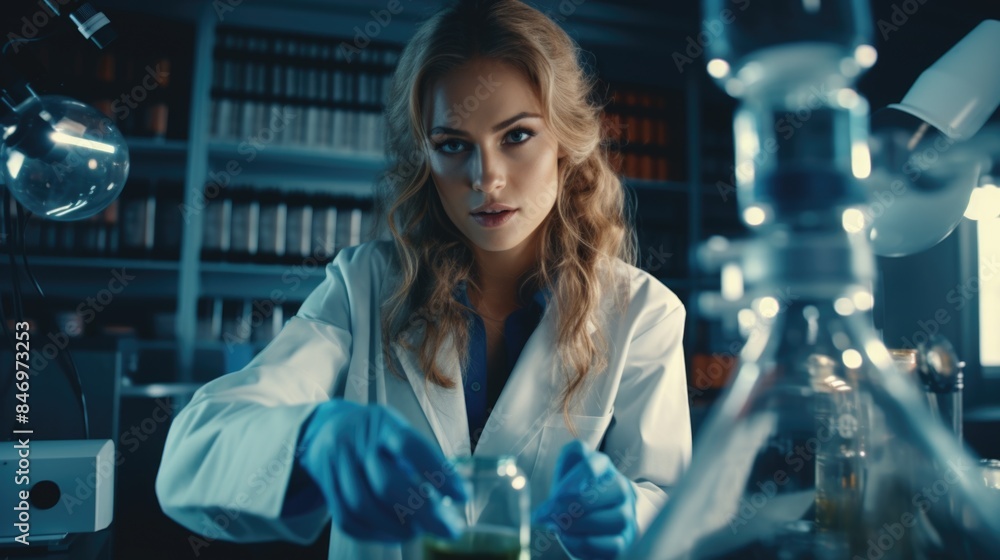 Poster scientist in lab coat holds a flask, suitable for science and laboratory themed images