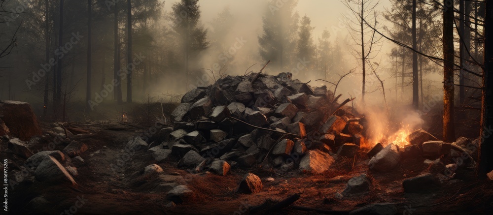 Poster In the forest, a large tire of a truck is rolling on the dusty path, surrounded by flames from a fire. with copy space image. Place for adding text or design