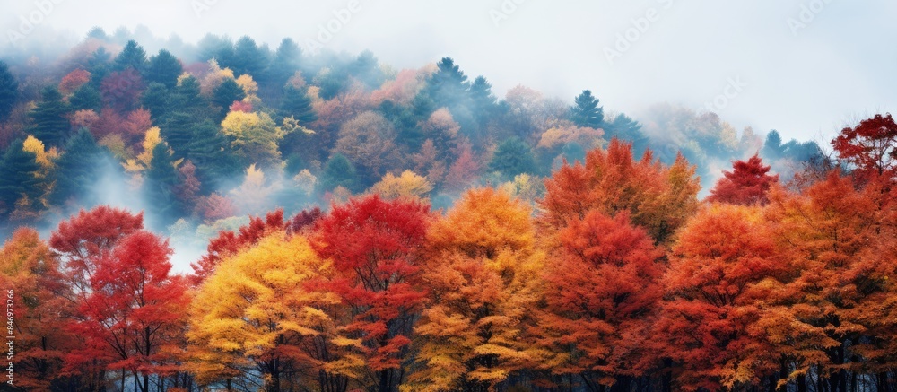 Poster Maple trees on the hill displaying their colorful autumn leaves in a picturesque setting. with copy space image. Place for adding text or design
