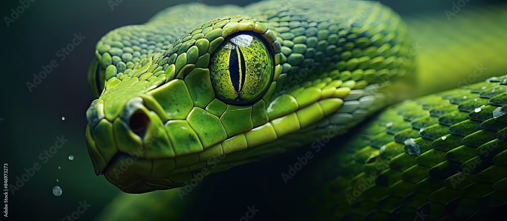 Poster Long green snake seen up close against a black background, featuring vibrant scales. with copy space image. Place for adding text or design