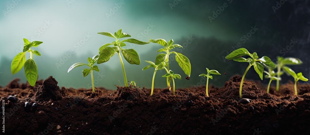Fototapete grouping of various small plants seen thriving as they emerge from the rich soil. with copy space im