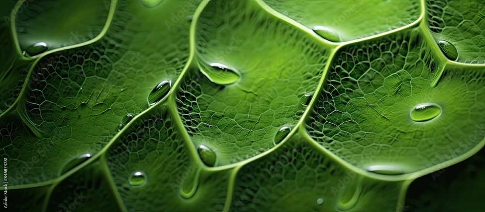 Poster Macro shot of a leaf covered in water droplets, showing intricate natural beauty. with copy space image. Place for adding text or design