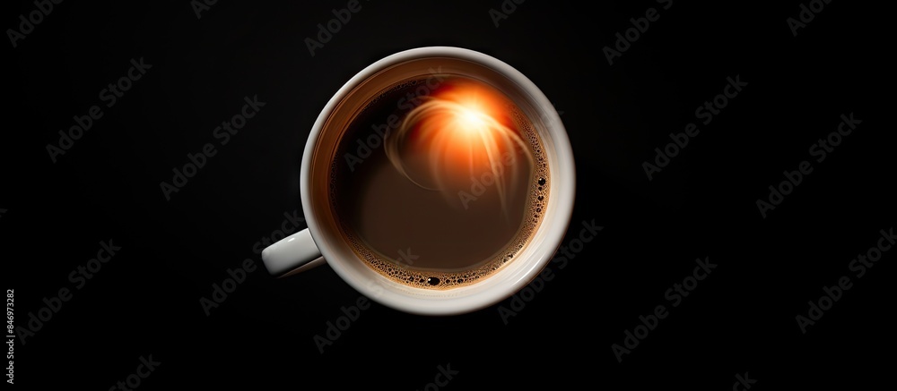 Fototapete Close-up of an illuminated cup of coffee from above, isolated on black with space for text. with copy space image. Place for adding text or design