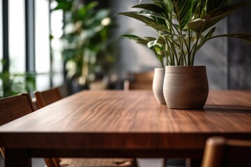 A simple wooden table featuring a potted plant as decoration
