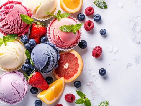 Colorful selection of ice cream flavors accompanied by fresh fruit slices, perfect for a sweet treat or dessert