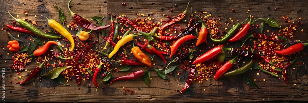 Poster a rustic wooden surface is adorned with a vibrant mix of fresh and dried chili peppers, showcasing a