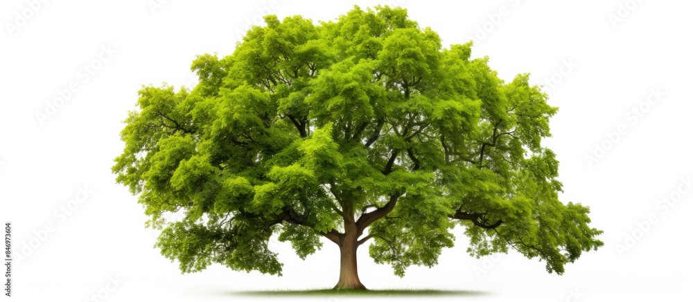 Poster lone oak tree featuring vibrant green foliage, standing out against a pure white backdrop. with copy