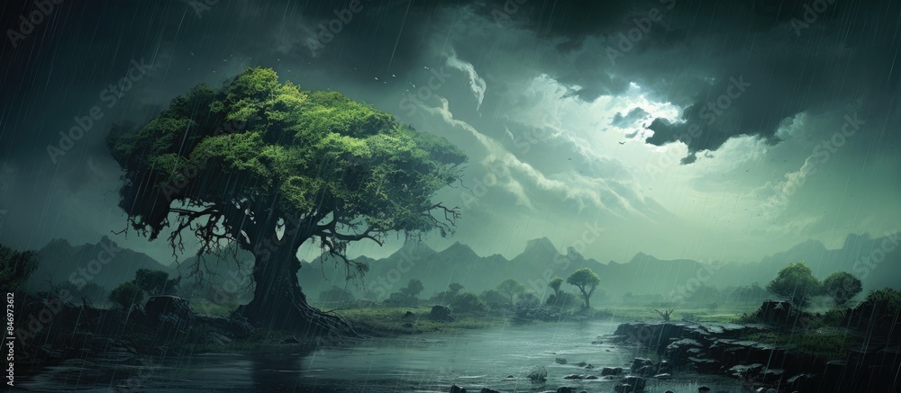 Poster Single tree growing in the middle of a river with cloudy, overcast sky in the background during the rainy season. with copy space image. Place for adding text or design