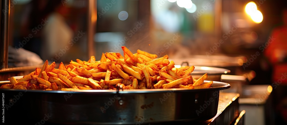 Fototapete a bowl of crispy fries served on a table in a restaurant setting. golden and delicious-looking. with