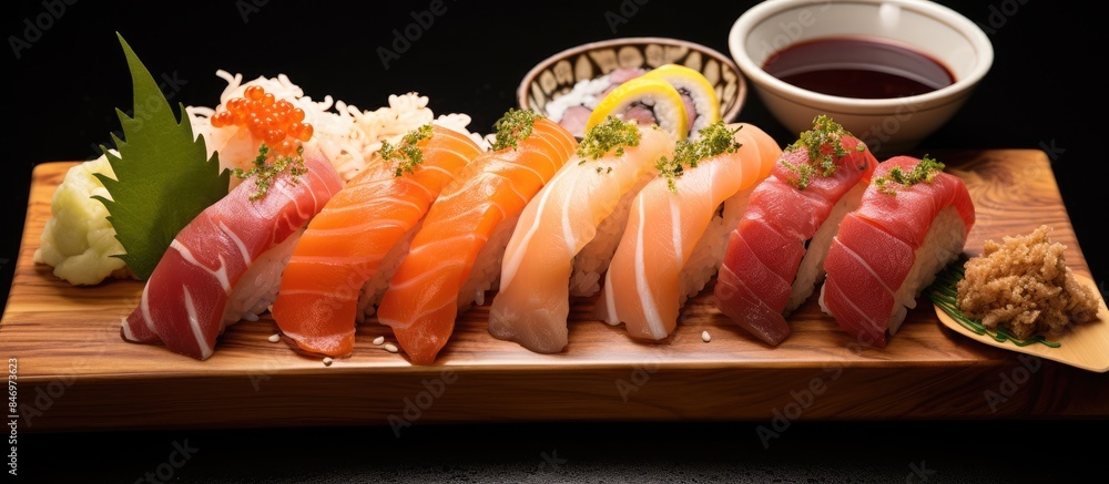 Fototapete wooden tray close-up with assorted sushi pieces and a small bowl of dipping sauce. with copy space i