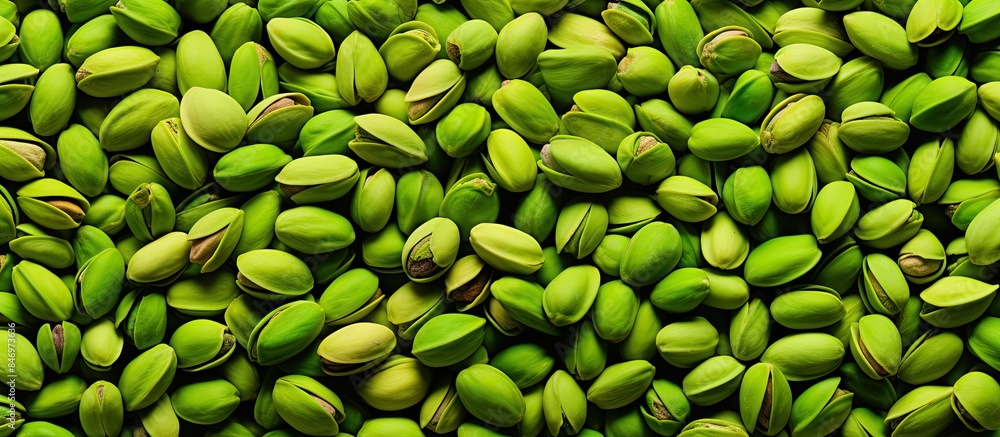 Poster clustered together, a heap of green pistachio nuts forms a visually appealing food background. with 