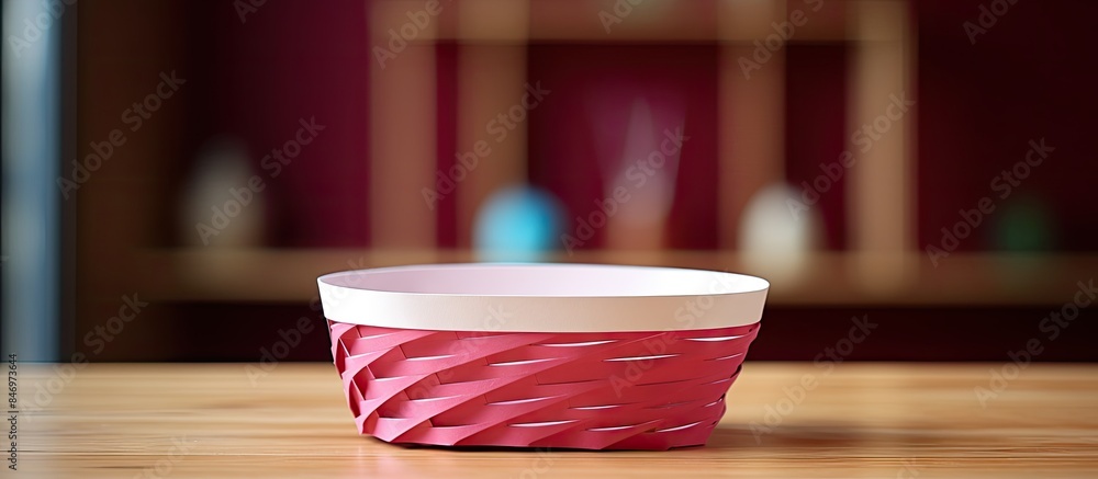 Poster A pink cup rests on a rustic wooden table, creating a simple yet charming scene. with copy space image. Place for adding text or design