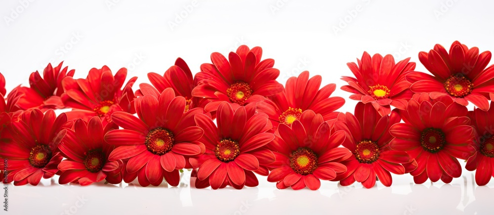 Fototapete numerous red flowers blossoming on a plain white surface, creating a vibrant contrast with the backg