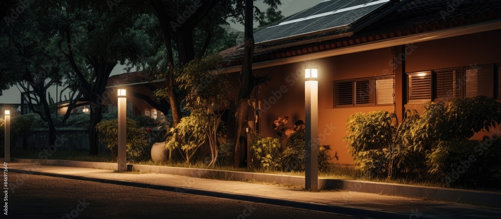 Poster residential street at night illuminated by solar street lighting in front of a guest house. with cop