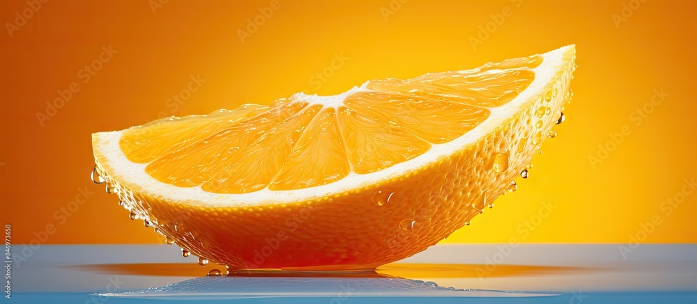 Leinwandbilder Fresh slice of orange covered in water droplets alongside its vibrant peel on display. with copy space image. Place for adding text or design