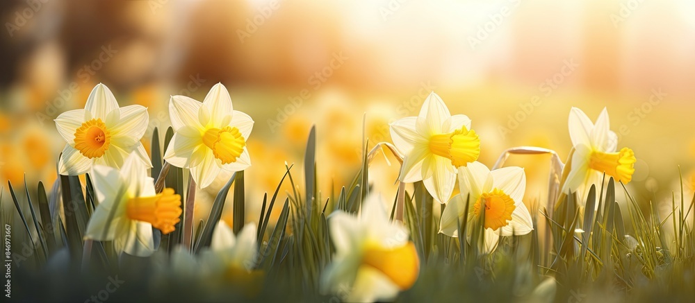Aufkleber Yellow and white flowers bloom vibrantly under the sun's warm rays in a scenic field with a touch of springtime freshness. with copy space image. Place for adding text or design