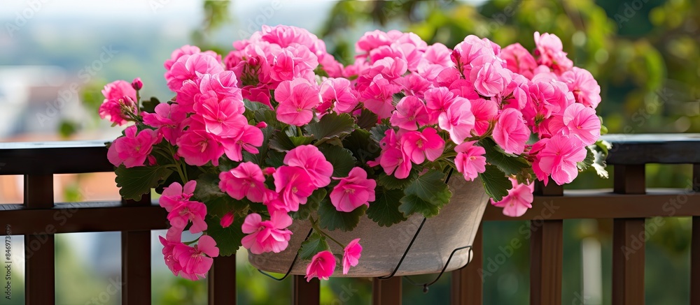 Poster pink geranium pelargonium flowers in a pot on balcony fence in autumn with dried leaves. with copy s