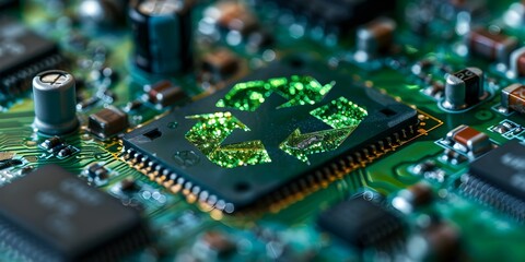 Green Glowing Recycle Symbol Integrated with Circuit Board Components. Concept Eco-Friendly Technology, Recycling Innovations, Sustainable Design