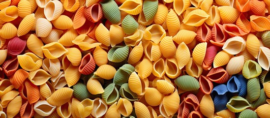Assortment of vibrant colored pasta close-up, forming a colorful mix of raw noodles in a pile on a table. with copy space image. Place for adding text or design
