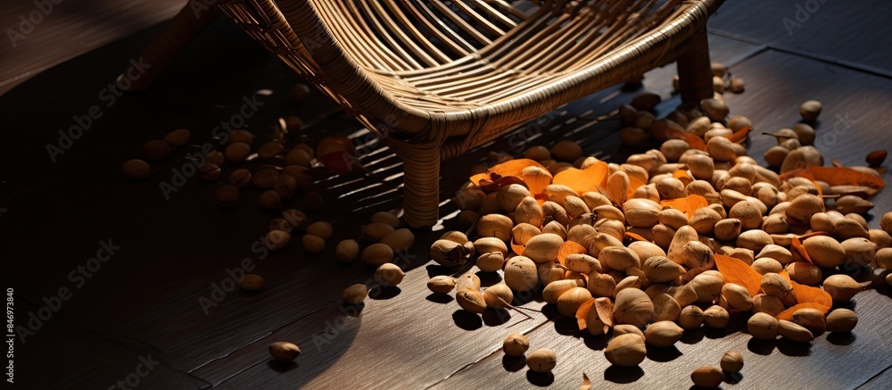Leinwandbilder A variety of nuts displayed in a basket next to a chair placed on the floor, while fruity water seeds adorn a rattan chair. with copy space image. Place for adding text or design