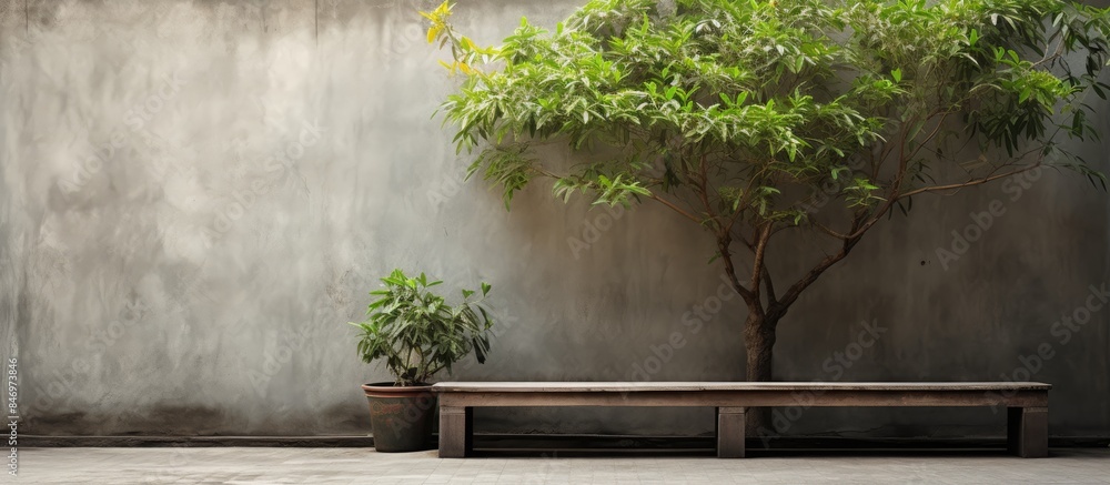 Aufkleber Wooden bench situated next to a tree in a peaceful courtyard setting. with copy space image. Place for adding text or design