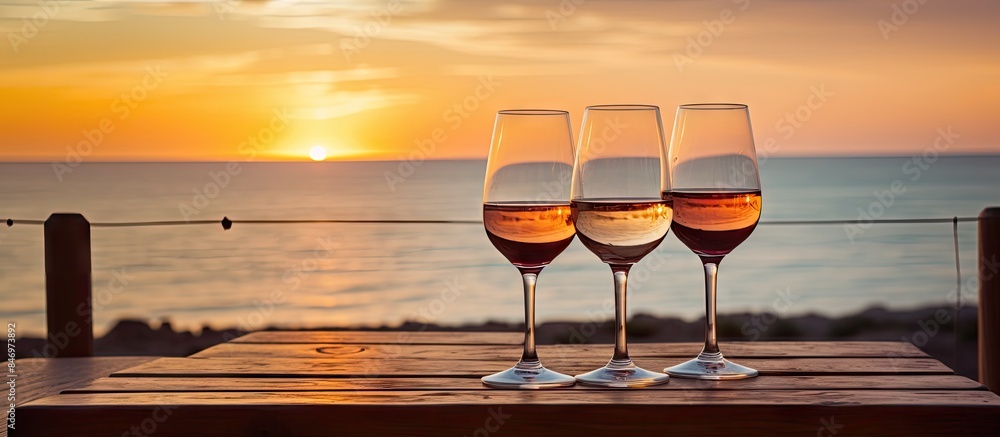 Aufkleber Three wine glasses placed on a table with a beautiful sunset in the background, creating a serene and elegant setting. with copy space image. Place for adding text or design
