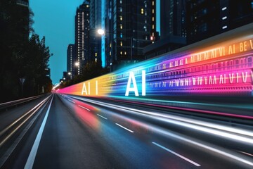 Fototapeta premium AI lightbox in neon city, digital art, technology innovation, artificial intelligence, high tech visuals, cyberpunk theme, modern design