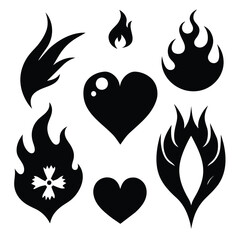 Vector design set, flames and fire, acid neo tribal shapes, elements and abstract illustrations in gothic style, heart and love symbols, gothic and acid tattoos on white background