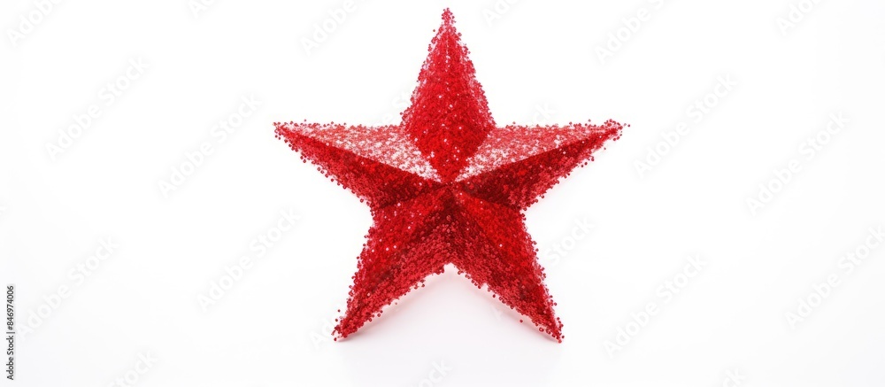 Poster in focus, a red star shines brightly against a plain white background, standing out with its sparkle