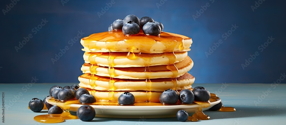 Leinwandbilder blueberry pancakes stacked high, topped with syrup, served with fresh orange juice on the side. with